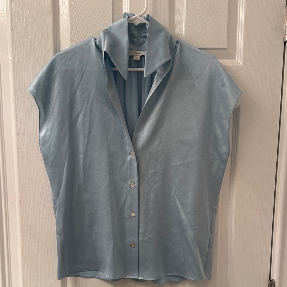 Vince Sleeveless Silk Button Down Blouse | Light Blue | NWT